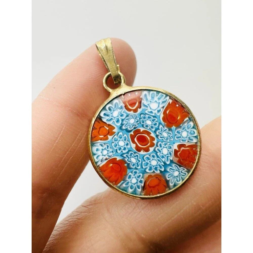 Vintage Murano Glass Millefiori Pendant Blue Orange Gold Over Sterling Silver